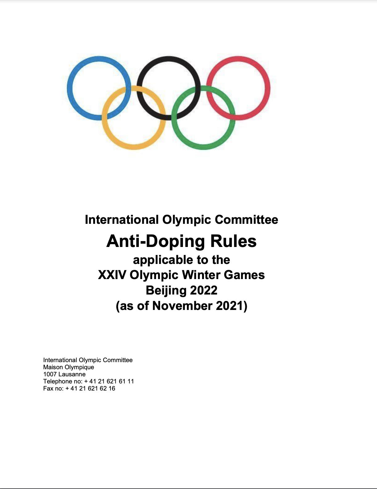 Anti-Doping Rules for the Olympic Winter Games Beijing 2022