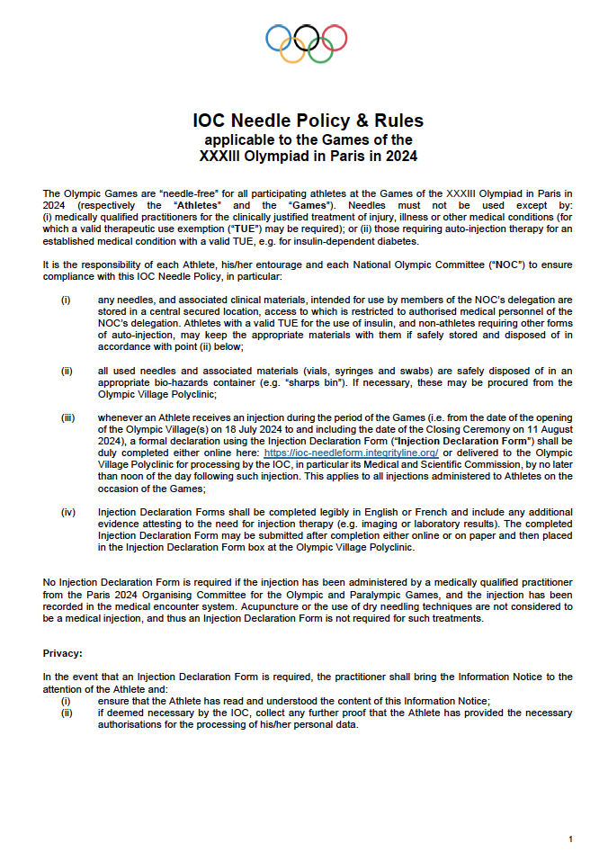 IOC Needle Policy & Rules for Paris 2024