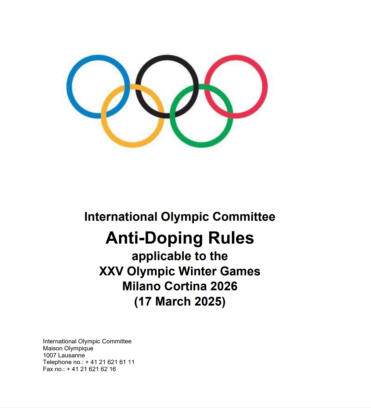 Anti-Doping Rules for the Olympic Winter Games Milano Cortina 2026